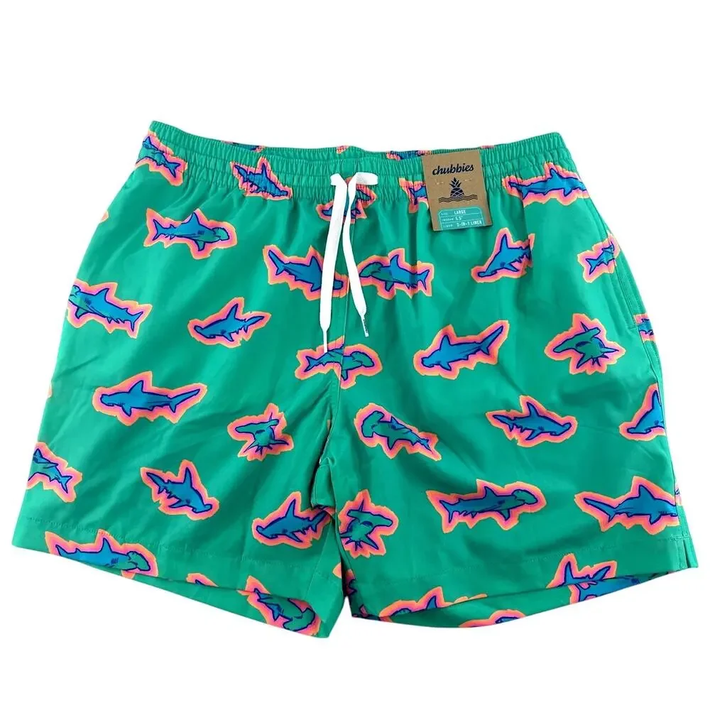 chubbies Teal Swim Trunks with Blue and Pink Starfish Print
